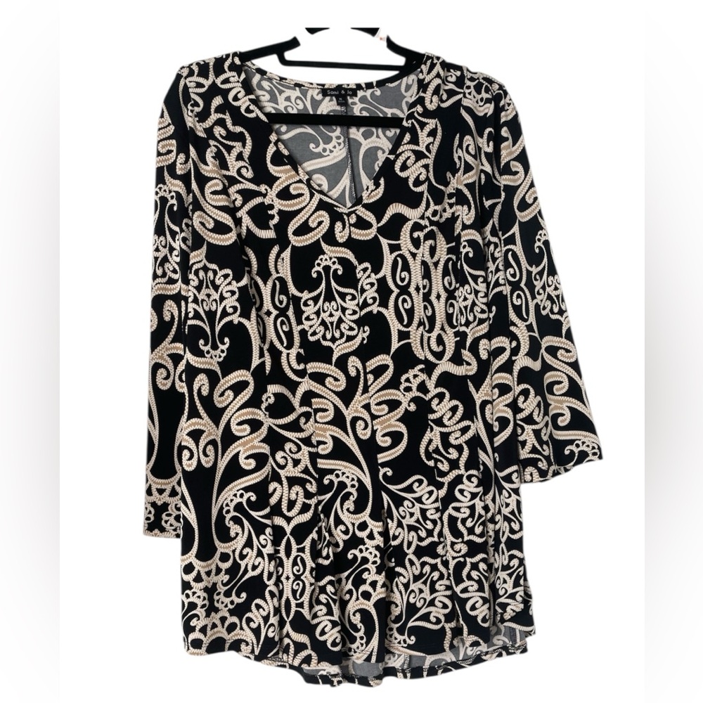 Sami & Jo Black Tunic with Cream Scroll Pattern Sz XL